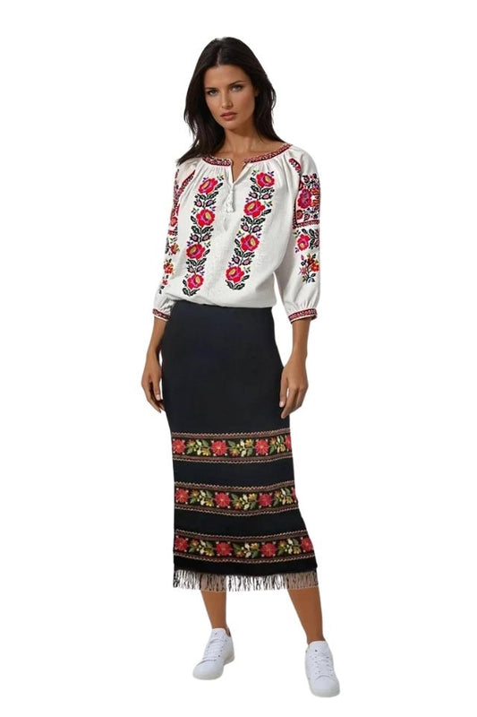Fusta dama casual tip fota cu flori din stofa, negru, One Size INTL