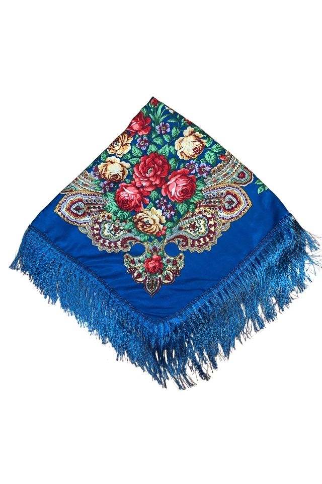 Esarfa tip sal cu flori, Dacali, albastru inchis, 107 x107 cm