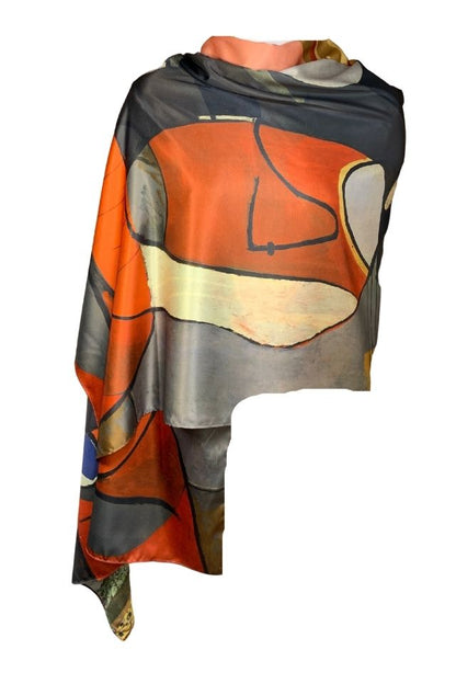 Esarfa tip sal doua fete pictata P, Dacali, matase, galben/gri, 180x70cm