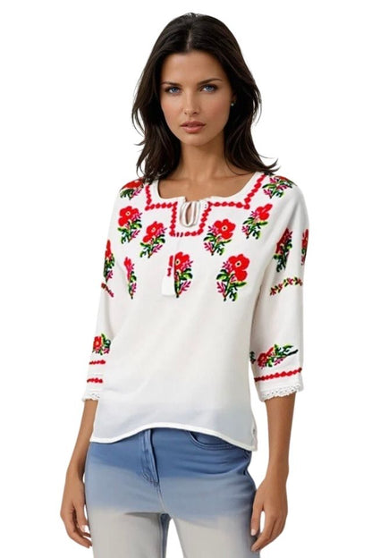 Bluza tip ie traditionala, dama ML 237 alb/albastru cardinal