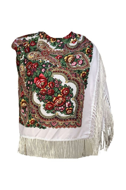 Esarfa tip sal cu flori, Dacali, alb, 107 x107 cm