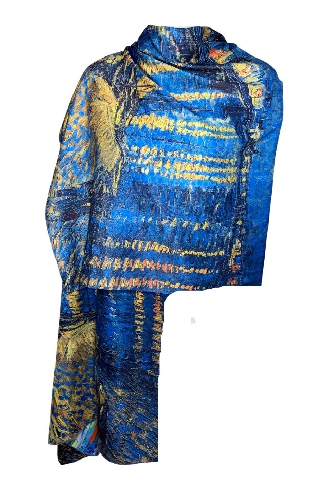 Esarfa tip sal doua fete pictata B, Dacali, matase, albastru inchis, 180x70cm