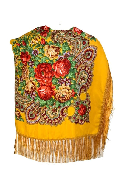 Esarfa tip sal cu flori, Dacali, galben, 107 x107 cm