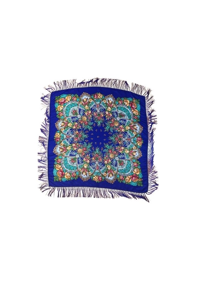 Esarfa tip sal cu flori, Dacali, albastru inchis, 107 x107 cm