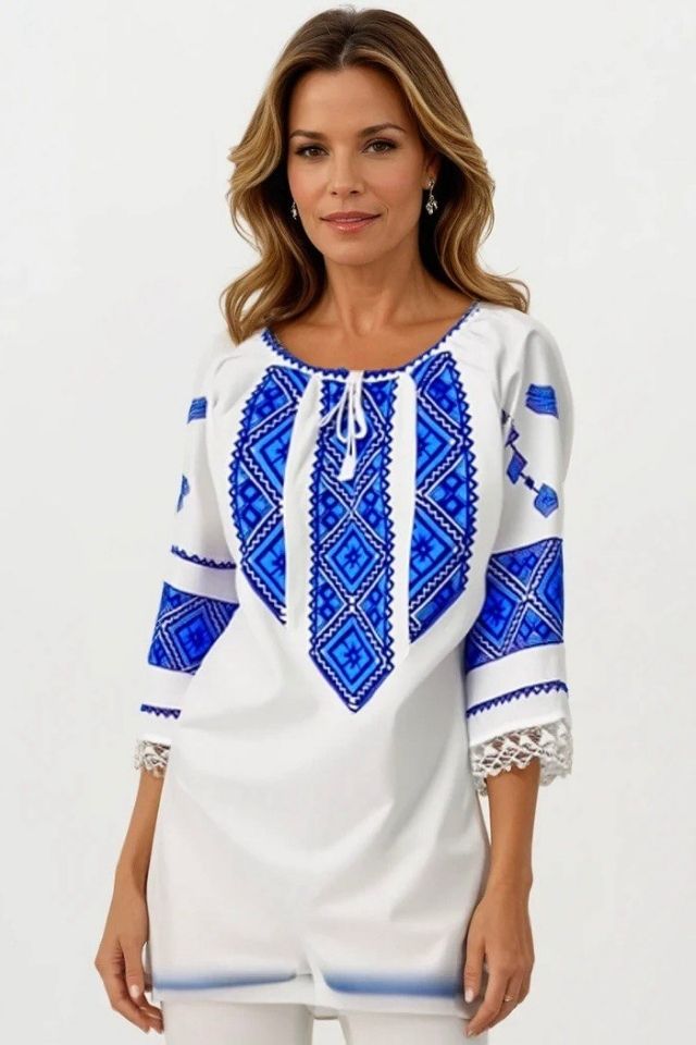 Bluza dama tip ie 024, alb neted/albastru royal