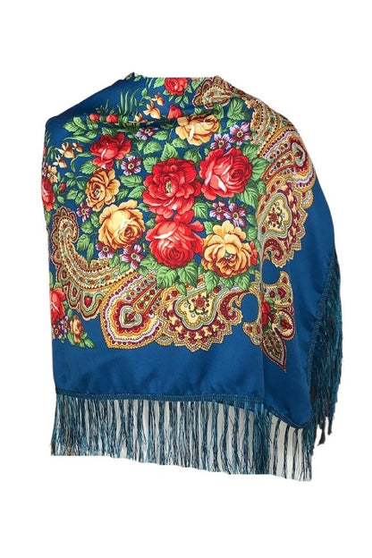 Esarfa tip sal cu flori, Dacali, albastru inchis, 107 x107 cm