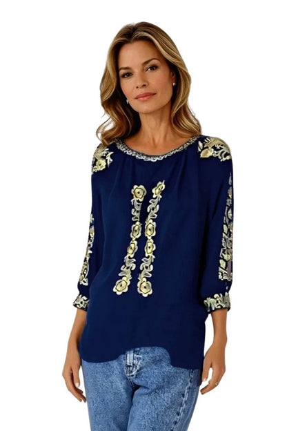 Bluza tip ie traditionala dama DEC, bleumarin/auriu