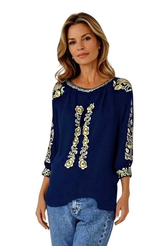 Bluza tip ie traditionala dama DEC, bleumarin/auriu