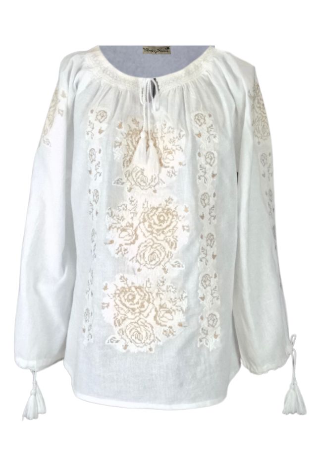 Bluza tip ie traditionala dama DEC, alb pur/auriu antichizat