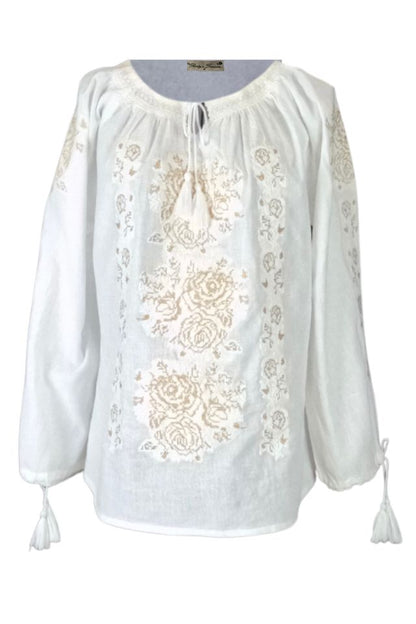 Bluza tip ie traditionala dama DEC, alb pur/auriu antichizat