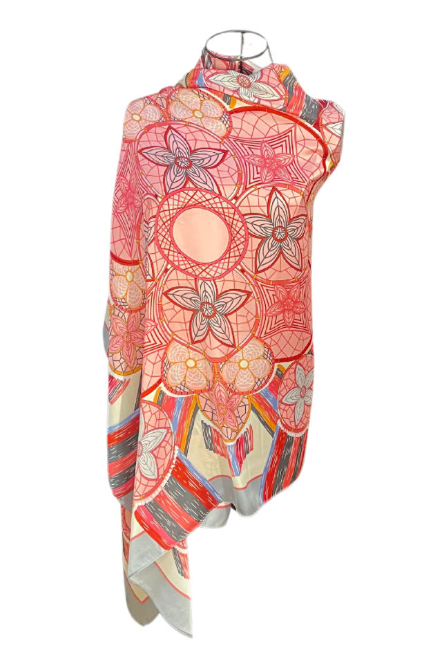 Esarfa tip sal dama 24E din matase vegetala cu atingere de matase fina, roz/gri, 180 x 82 cm