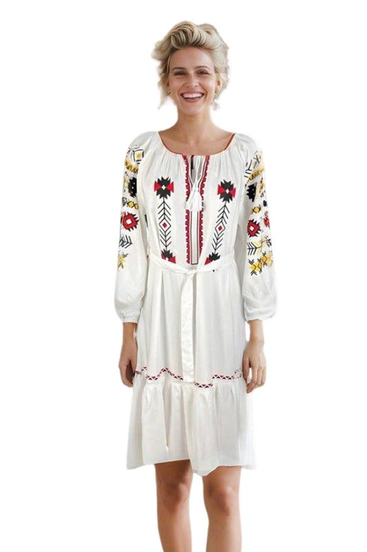 Rochie traditionala dama R25 alb/galben