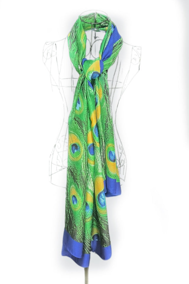 Esarfa tip sal dama 24E din matase vegetala cu atingere de matase fina, verde azur/albastru, 180 x 82 cm