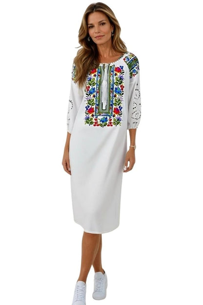 Rochie traditionala dama R24, alb/mov