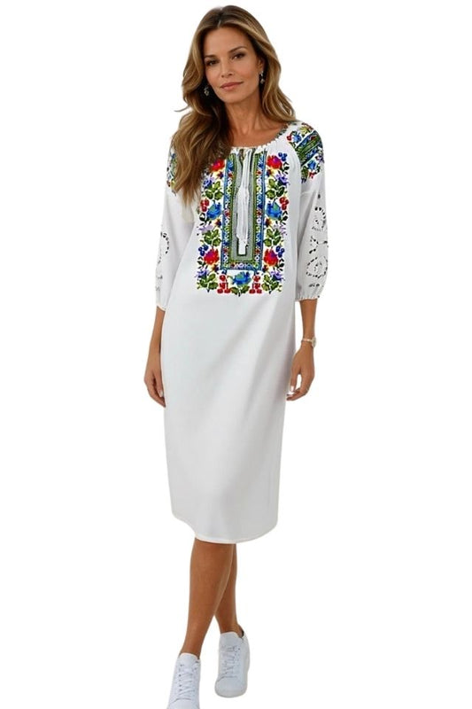 Rochie traditionala dama R24, alb/mov