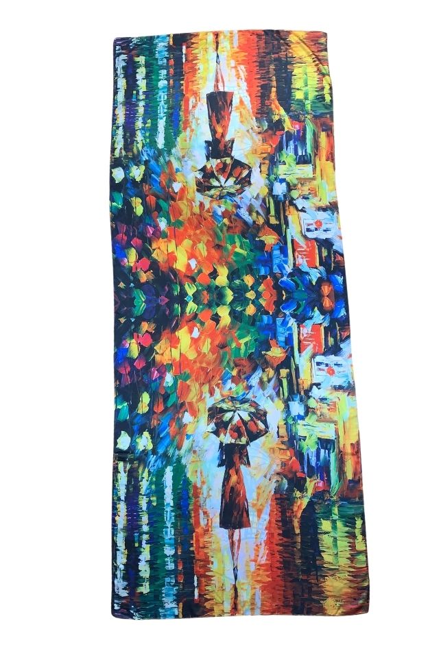 Esarfa tip sal doua fete pictata FP, Dacali, matase, albastru/portocaliu, 180x70cm