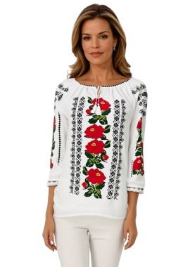 Ie dama alba, cu broderie, BN24, alb cocos/rosu ferrari