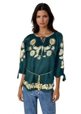 Bluza traditionala verde cu broderie, R50, verde/bej