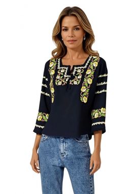 Bluza traditionala neagra, dama B23, negru/galben