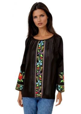 Bluza traditionala neagra cu broderie, R 124, negru