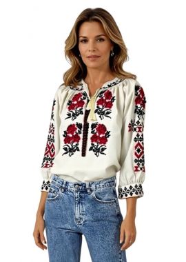 Bluza traditionala bej dama R24, bej/negru