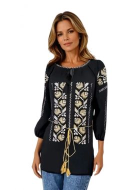 Bluza traditionala neagra cu broderie, B23, negru/alb