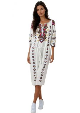 Rochie traditionala dama R25 alb/maro