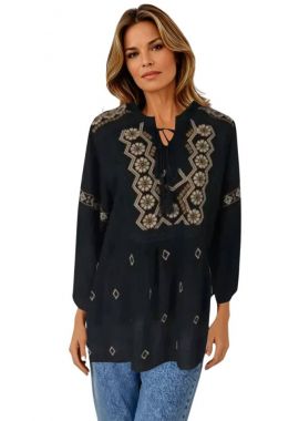 Bluza traditionala neagra cu broderie, RDB2, negru/maro