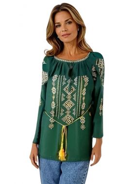 Bluza traditionala verde cu broderie, RIAG, verde/auriu