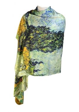 Esarfa tip sal doua fete pictata 9, Dacali, matase, verde/albastru, 180x70cm