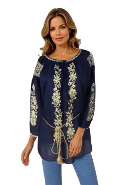 Bluza traditionala albastra, cu broderie, R222, albastru/auriu
