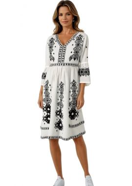 Rochie traditionala alba dama, IRA 3, alb/negru