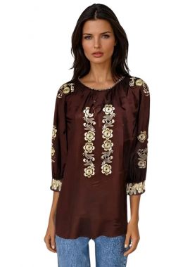 Bluza traditionala maro cu broderie, R262, maro/bej