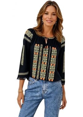 Bluza traditionala neagra, 20A, dama, negru/portocaliu