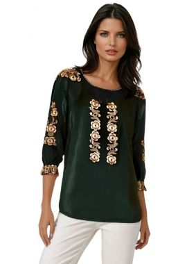 Bluza traditionala verde cu broderie, RV, verde/auriu