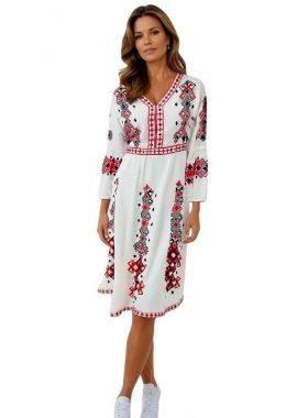 Rochie traditionala alba dama, R777, alb laptos/rosu