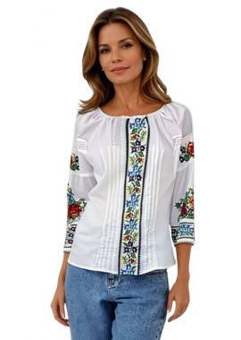 Ie dama alba, cu broderie, R 124, alb/bleu