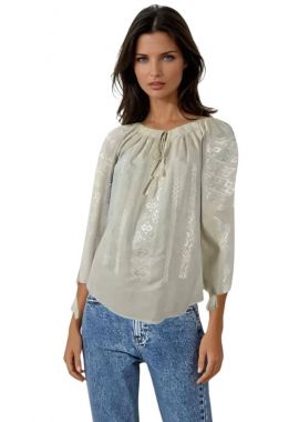 Bluza traditionala bej, dama, B23, alb cristal/rosu