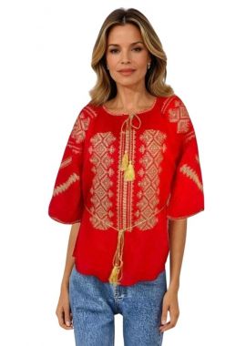 Bluza traditionala rosie cu broderie, RBIB, rosu/auriu