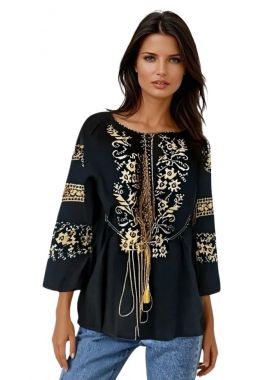 Bluza traditionala neagra dama R24, negru/auriu