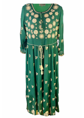 rochie dama traditionala casual lunga verde brodata cu motive traditionale romanesti si motive florale bej