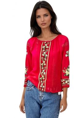 Bluza traditionala rosie cu broderie RIAG, rosu/bej
