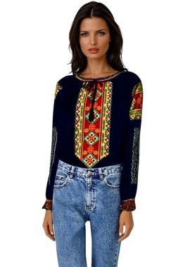 Bluza traditionala dama albastra D24, albastru/portocaliu