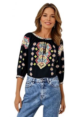 Bluza traditionala neagra dama R24, negru/galben