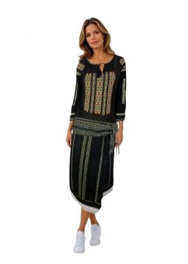 Fusta dama tip catrinta cu broderie traditionala one size, negru/verde