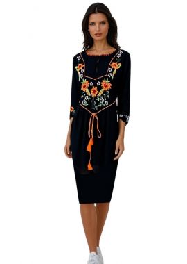 Rochie traditionala neagra dama R, negru mahon/portocaliu