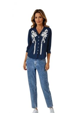 Bluza traditionala dama bleumarin D24, bleumarin/alb