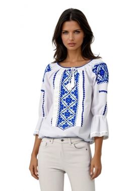 Ie dama alba cu broderie, RDB2, alb cocos/albastru