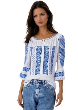 Ie dama alba cu broderie, R24, alb cocos/albastru cosmic