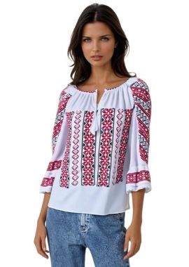 Ie dama alba cu broderie, R24, alb alpin/rosu bordo